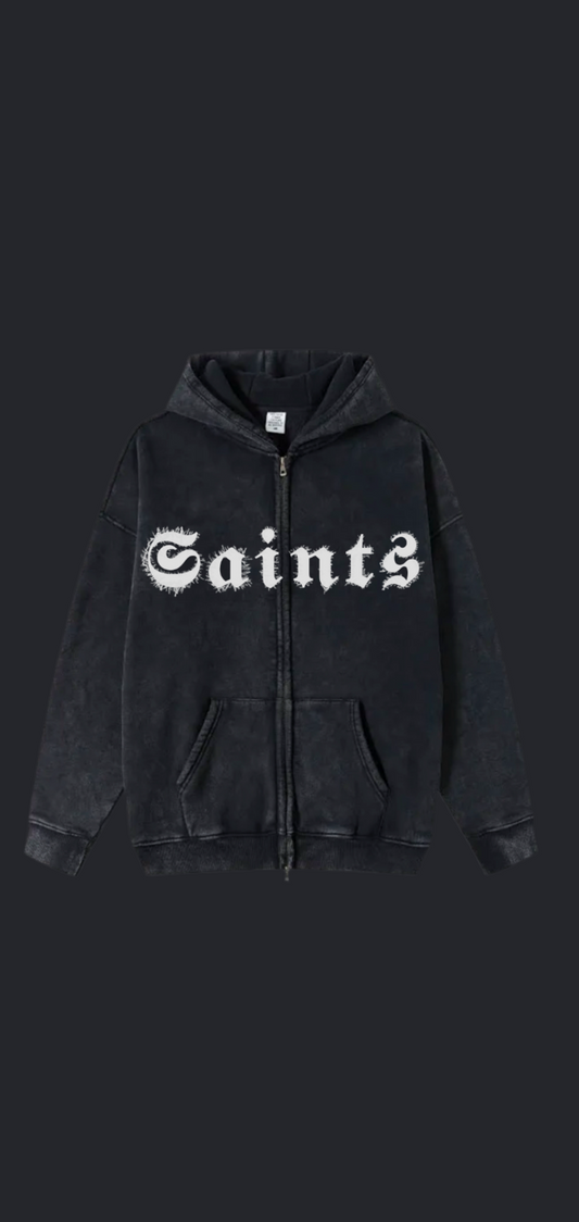 Saints Black Acid Wash Zip Up